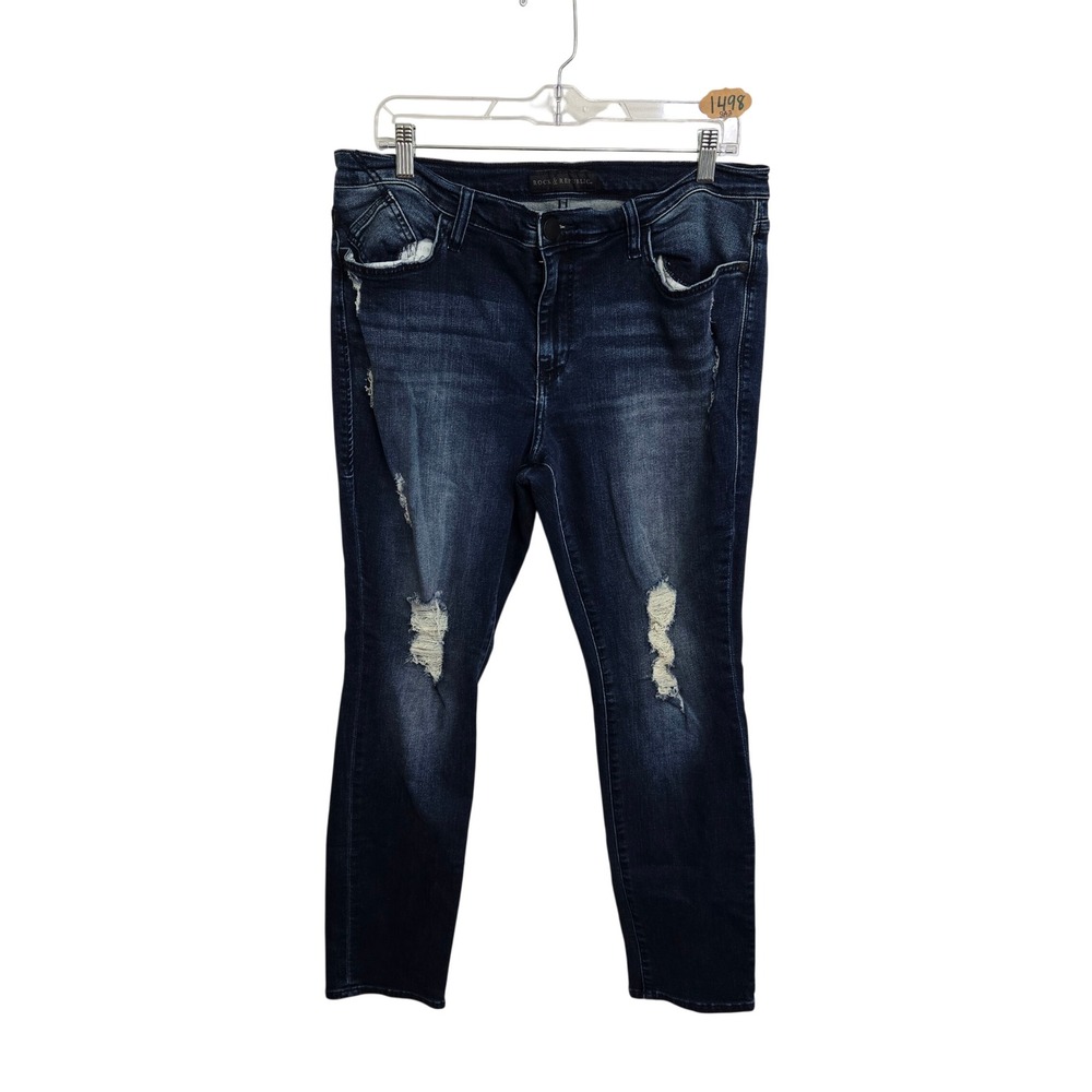 Rock & Republic Womens Distressed Skinny Jeans Dark Wash Blue Size 16 Distressed